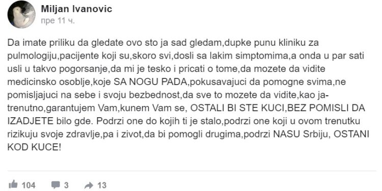 Lekar pozitivan na Covid-19 poslao snažnu poruku svima