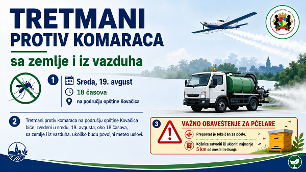 Kovačica: Tretman komaraca sa zemlje i iz vazduha 19. avgusta